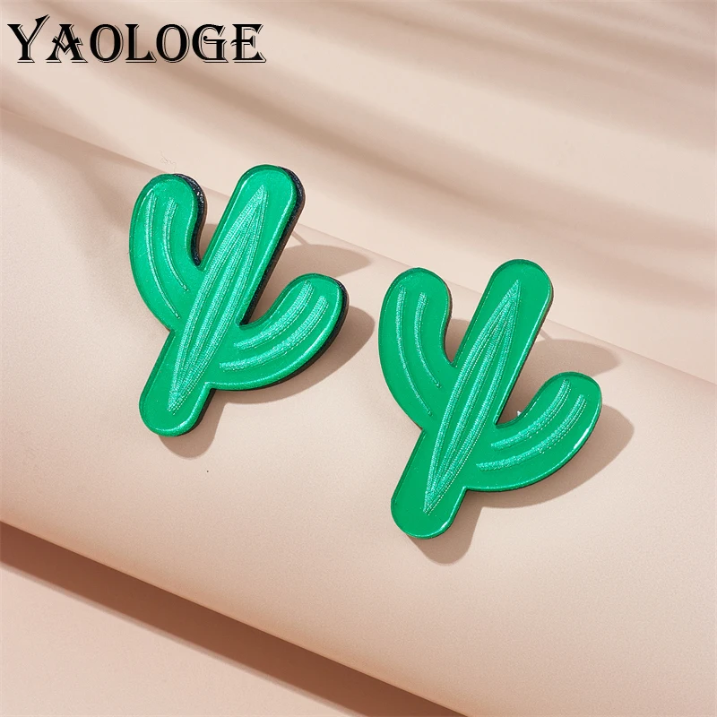 

YAOLOGE Acrylic Exaggerated Mirror Green Cactus Stud Earrings For Women New Cartoon Creative Girls Ear Needle Jewelry Gifts