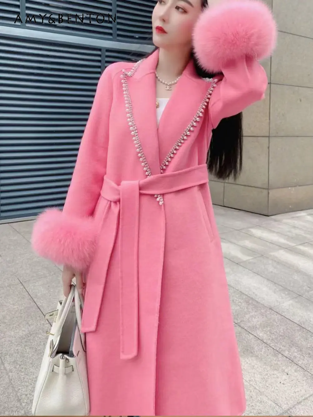 

Winter New Heavy Industry Fox Fur Sleeve Neckline Rhinestone Pearl Woolen Coat Women's Elegant Long Sleeve Mid-length Overcoat