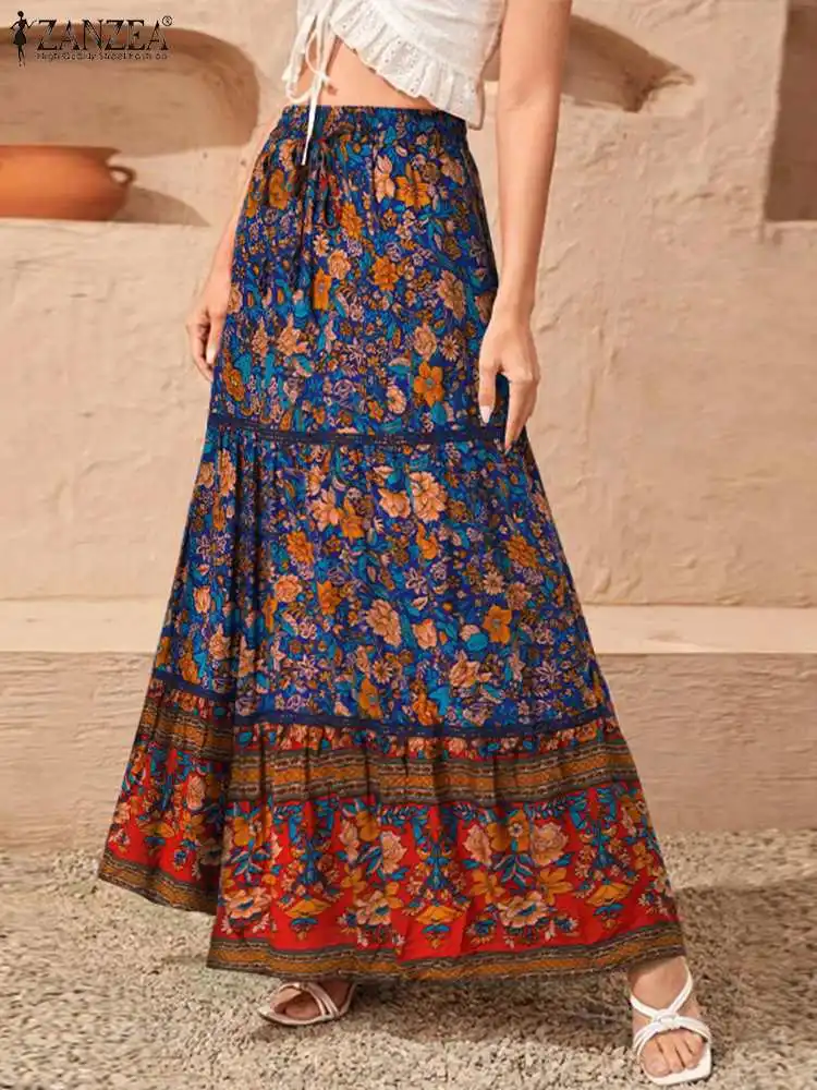 

ZANZEA Women Elastic Waist Beach Holiday Long Skirt Summer Bohemian Floral Printed Maxi Skirts Casual Loose Jupe Faldas Saia