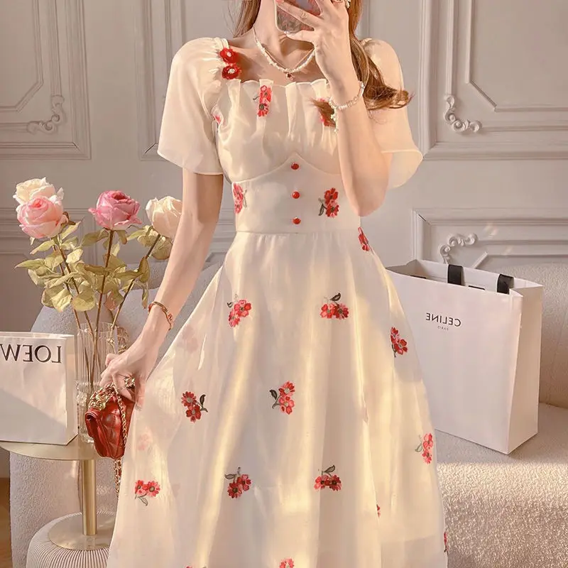 

France Sweet Mesh Lace Floral Embroidery Fairy Dress Woman Clothes 2022 Summer New Slash Neck High Waist Short Sleeve Midi Dress
