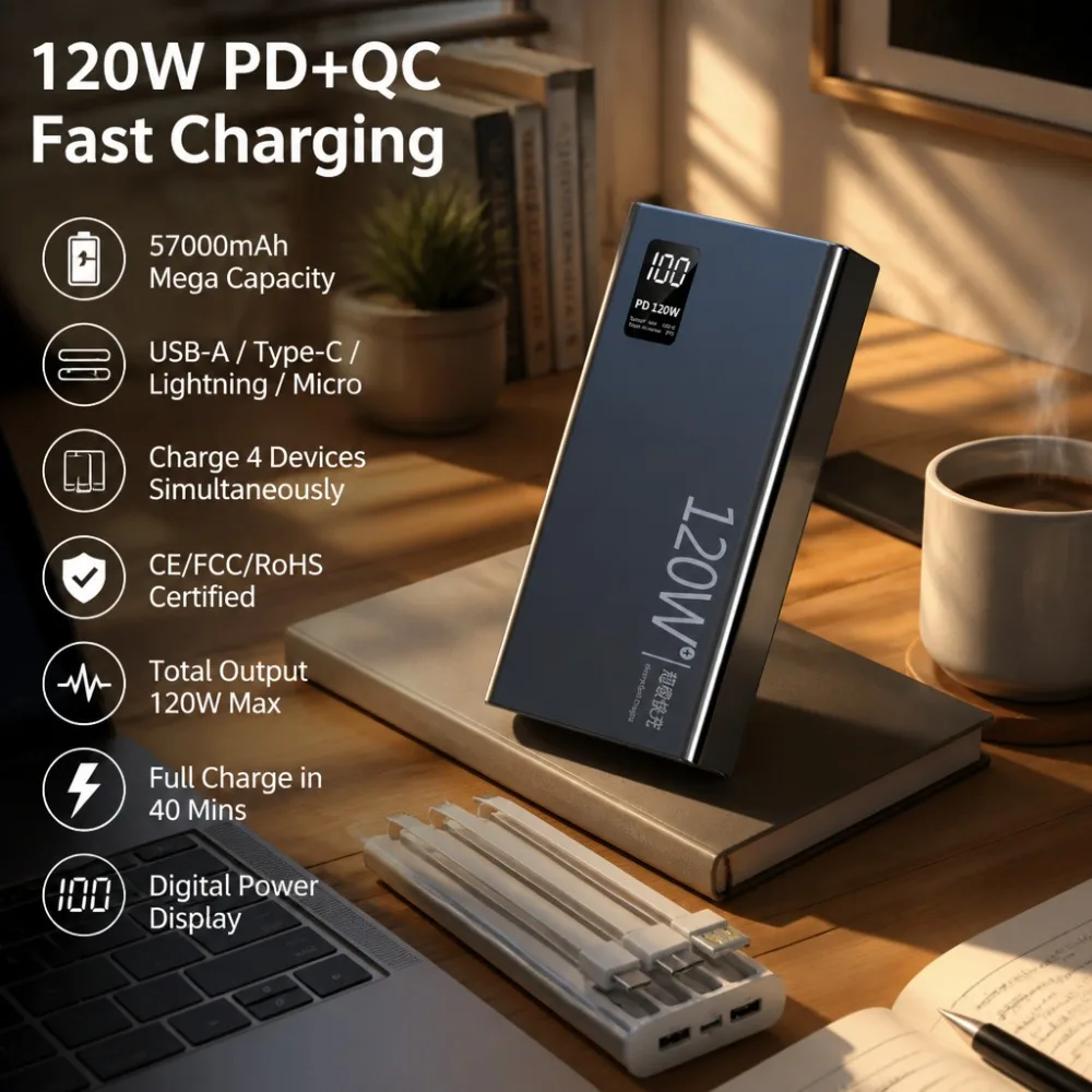 Внешний аккумулятор 57000 мАч 120 Вт с быстрой зарядкой, кабель 4-в-1 PD QC 5А для iPhone 161514, Samsung S24, Xiaomi, Huawei и всех телефонов (art.: 3920dbd8061a4) - 3920dbd8061a4