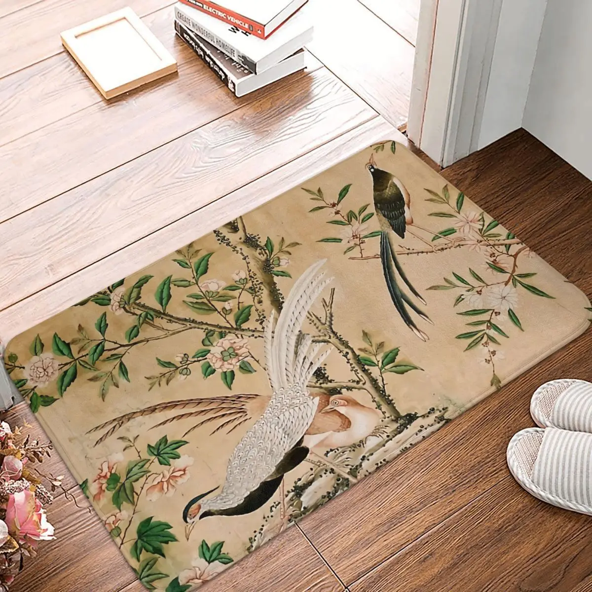 

China Style Kitchen Non-Slip Carpet Floral Vintage Chinoiserie Art Chinese Bird Garden Painting Living Room Mat Home Rug