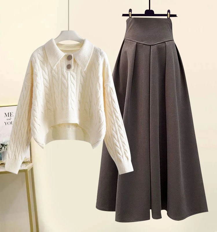Plus Size Plus size women clothing Autumn and Winter New Sle Fat Sister High-Grade Twist Lapel Knit All-Matching Skirt Two-pi...