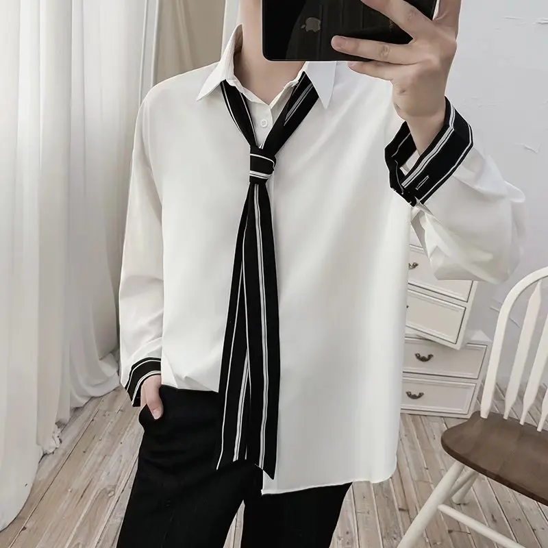 Summer Black White Vintage Korean Fashion Men's Clothing Sweatshirts Men's Harajuku Long Sleeve Button Up Social Shirts Top