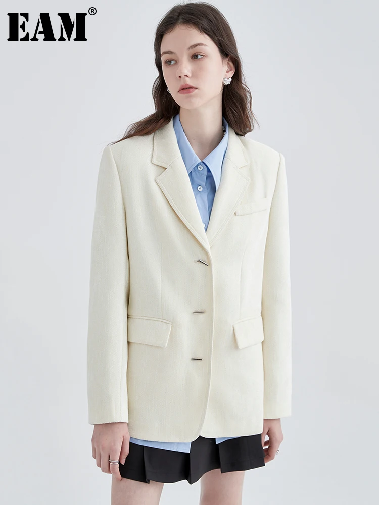 

[EAM] Women White Eleagnt Big Size Blazer New Lapel Long Sleeve Loose Fit Jacket Fashion Tide Spring Autumn 2022 1DE6259