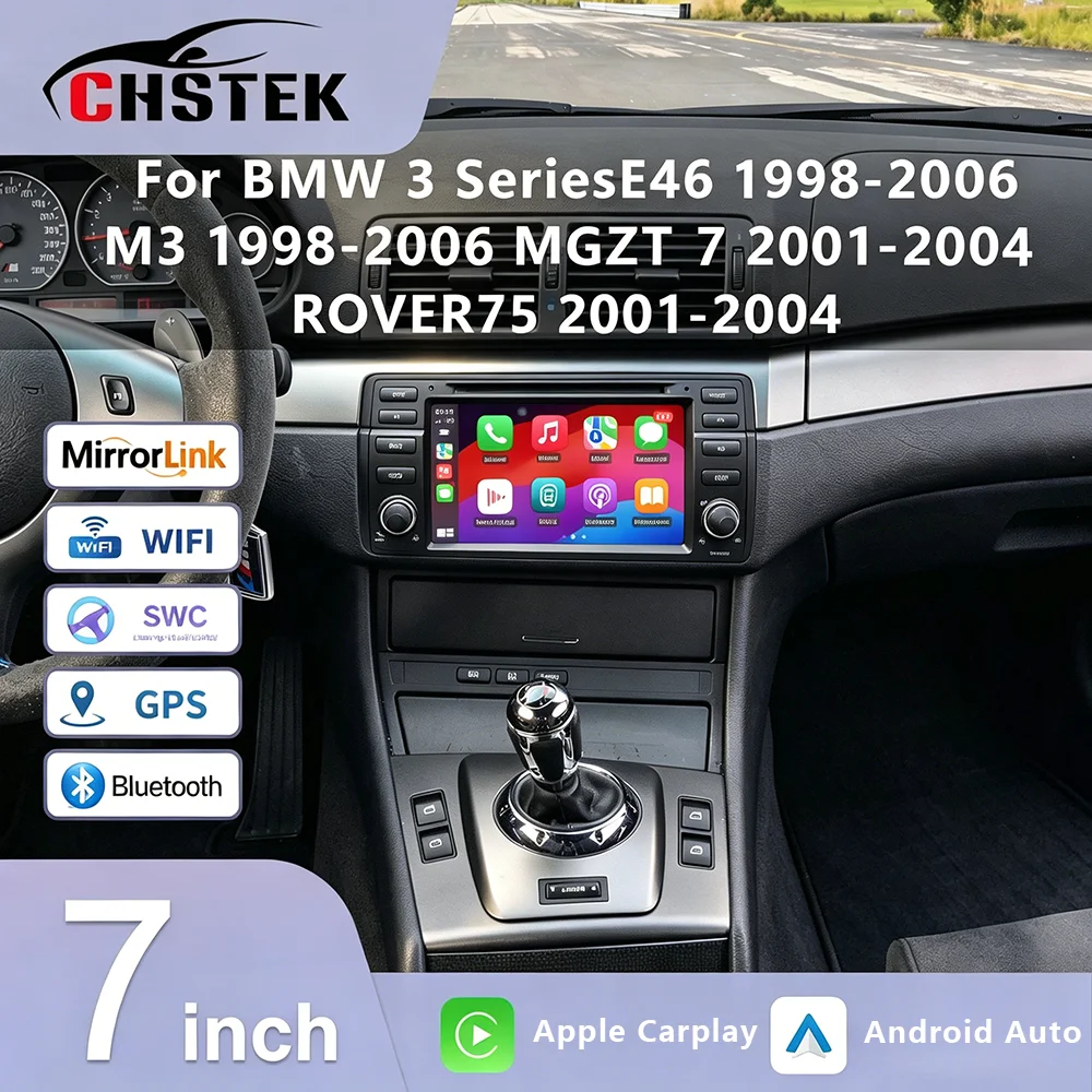 Фото Автомагнитола CHSTEK с беспроводным CarPlay и Android 13 для BMW 3 серии E46 M3 316i 318i 1998-2007, Rover 75, Bluetooth, GPS, 4G, WIFI, головное устройство №1