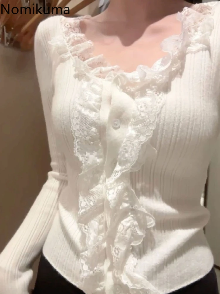 Белый кардиган топы женская одежда Sueter Mujer лоскутное кружево облегающий свитер