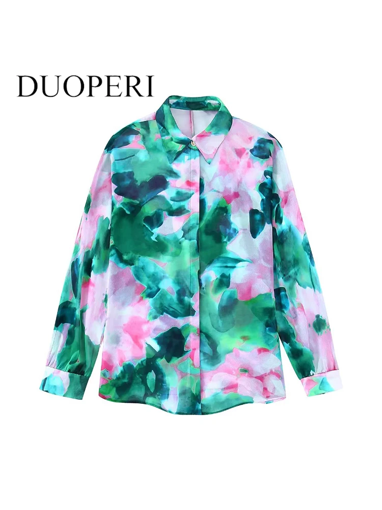 

DUOPERI Women Fashion Printed Single Breasted Blouse Vintage Long Sleeve Lapel Neck Female Chic Tops Lady Shirts Outfits