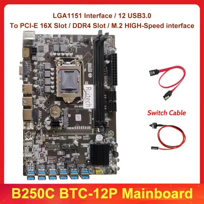 

Материнская плата для майнинга B250C, 12 USB 3,0 к PCIe X16 PCI-E 16X, графическая карта LGA1151 DDR4 SATA B250 Биткоин BTC ETH, материнская плата для майнинга