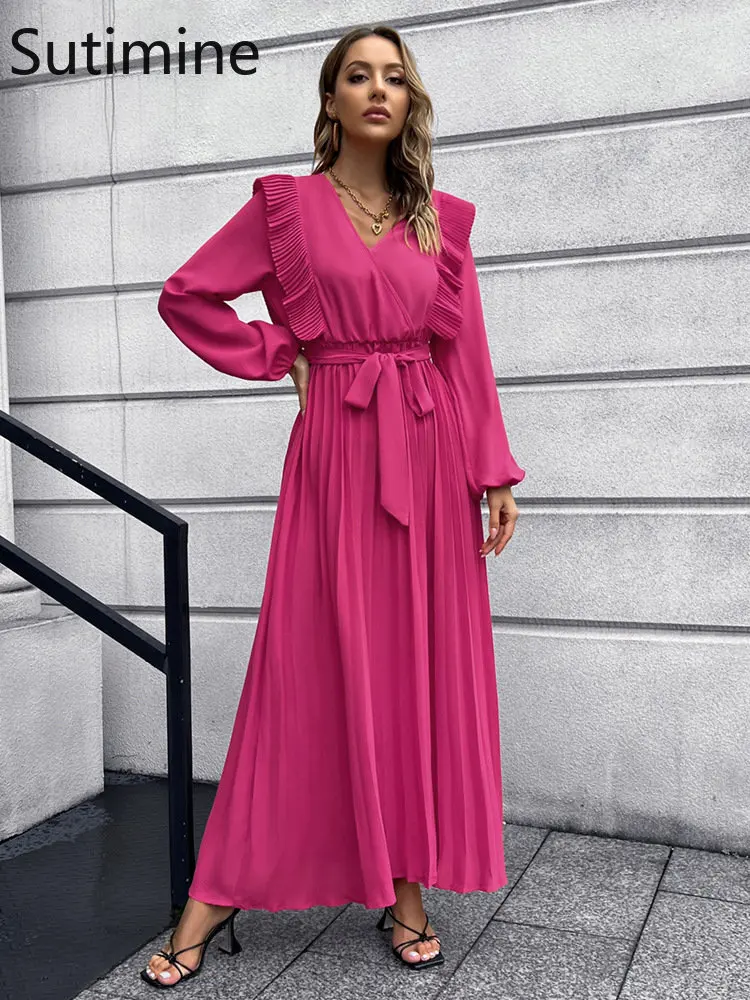 

Elegant Dresses for Women V Neck Ruffle Long Sleeve Pleated Dress Bandage Lace Up Red Party Evening Dresses Vestidos De Mujer