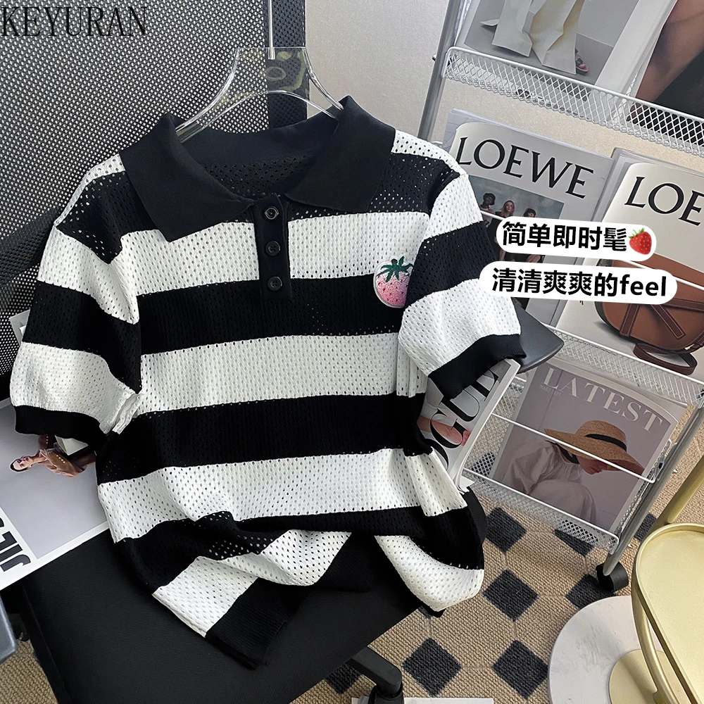 

Женский полосатый свитер-поло с клубничным воротником, Повседневная Свободная футболка с коротким рукавом, трикотажный топ, пуловер, лето 2022