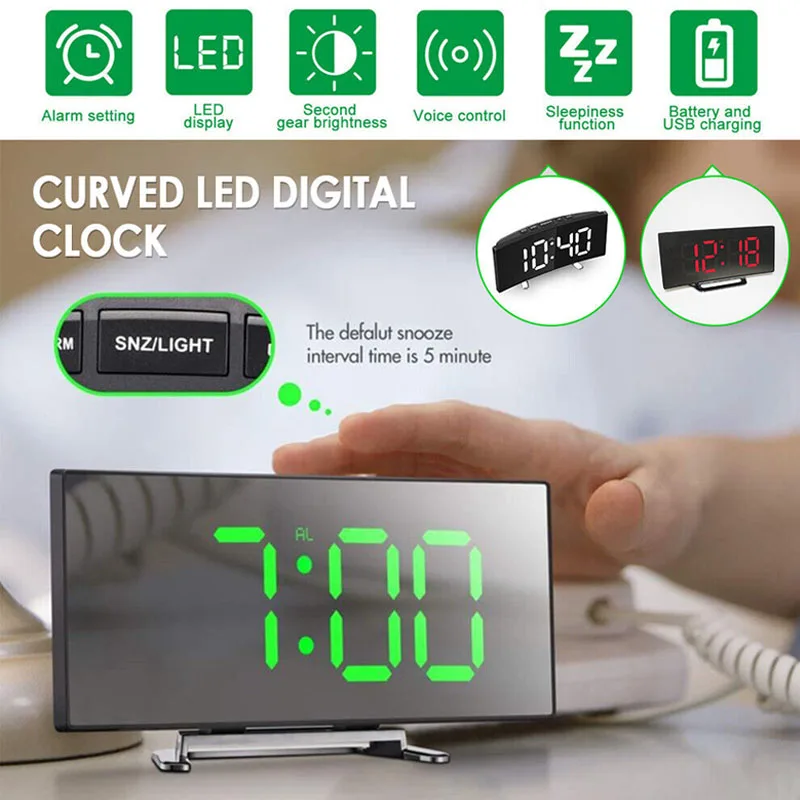 

Digital LED Curved Screen Desktop Mirror Clock LED Display Temperature Snooze Table Alarm Clock LED Digital Clock Room Decor