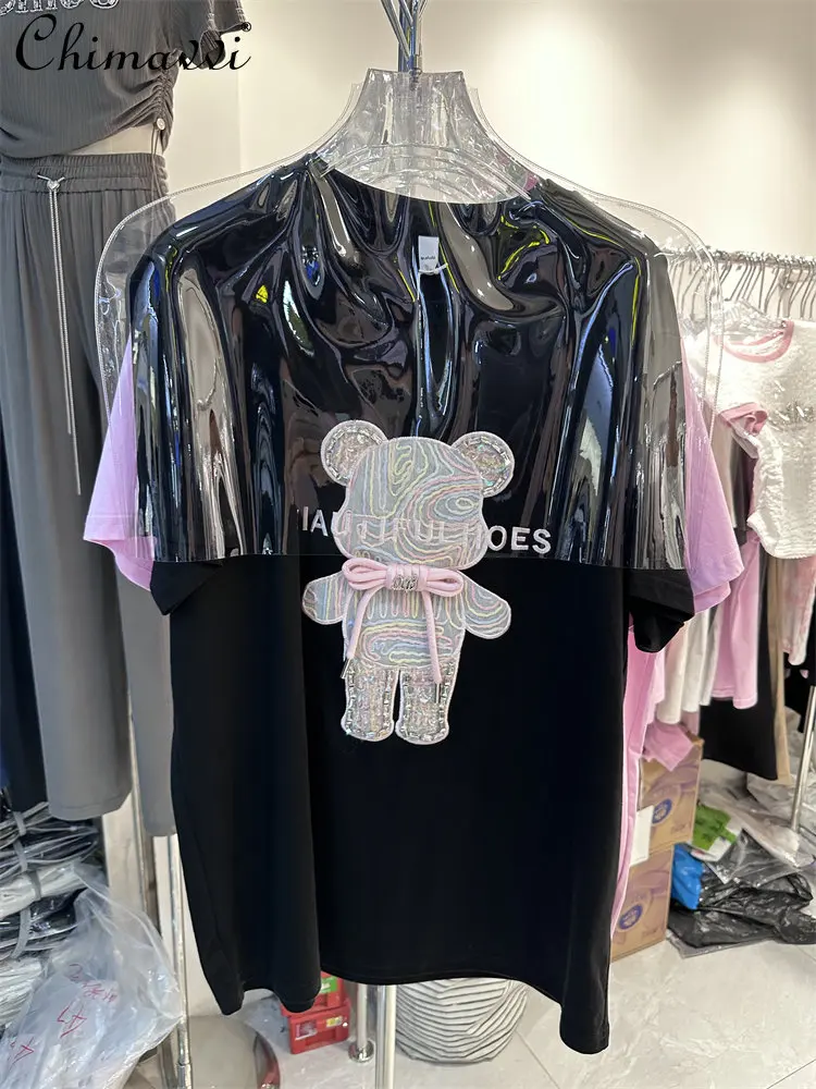 

Loose Mid-Length Bear Rhinestone Sequins Half Sleeve Top Female 2023 Summer New Cotton Crew Neck Short Sleeves T-shirt for Women