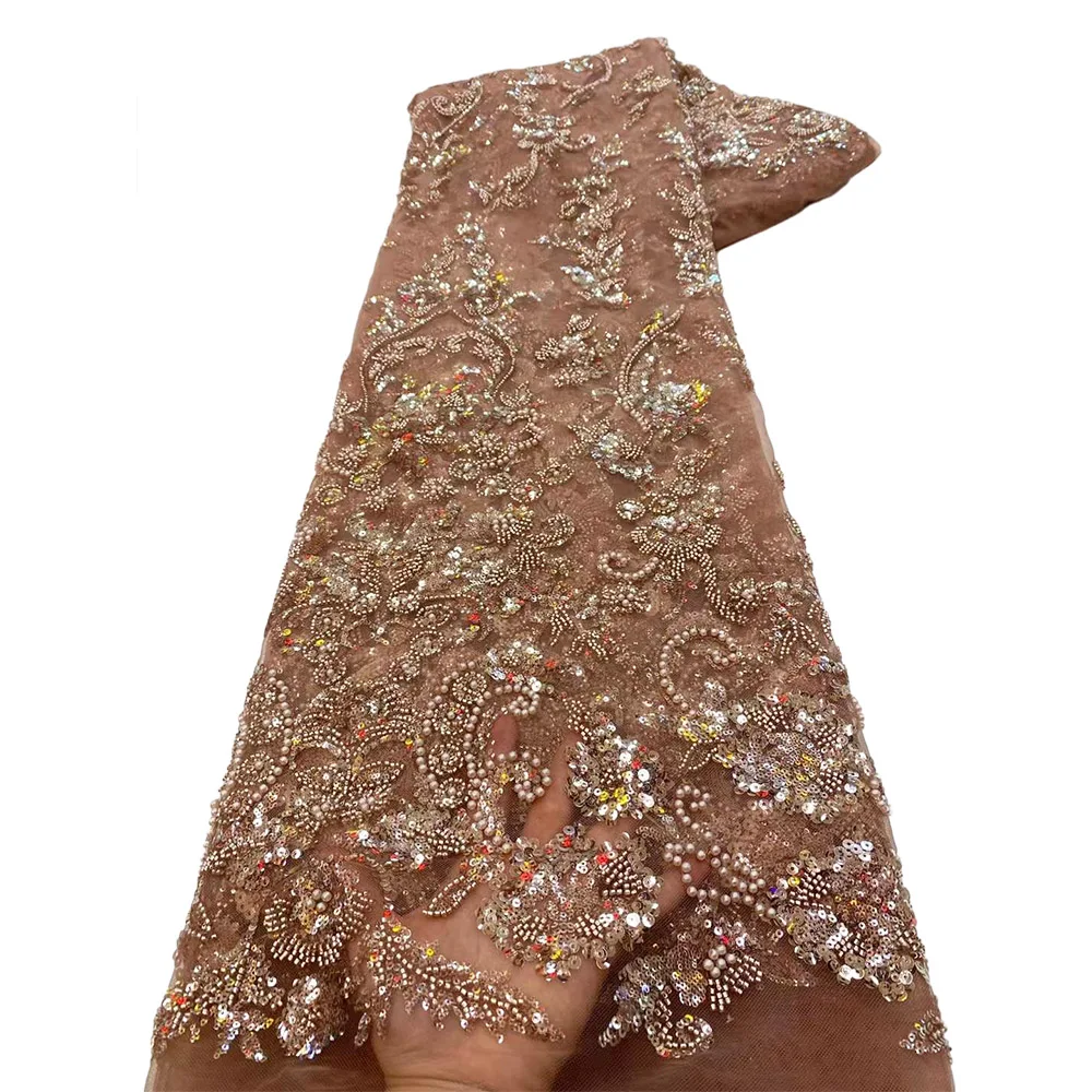 

African Sequins Lace Fabric for Wedding Dress, Beaded Embroidery, French Tulle, Nigerian Material, High Quality, 2023 ，X85025