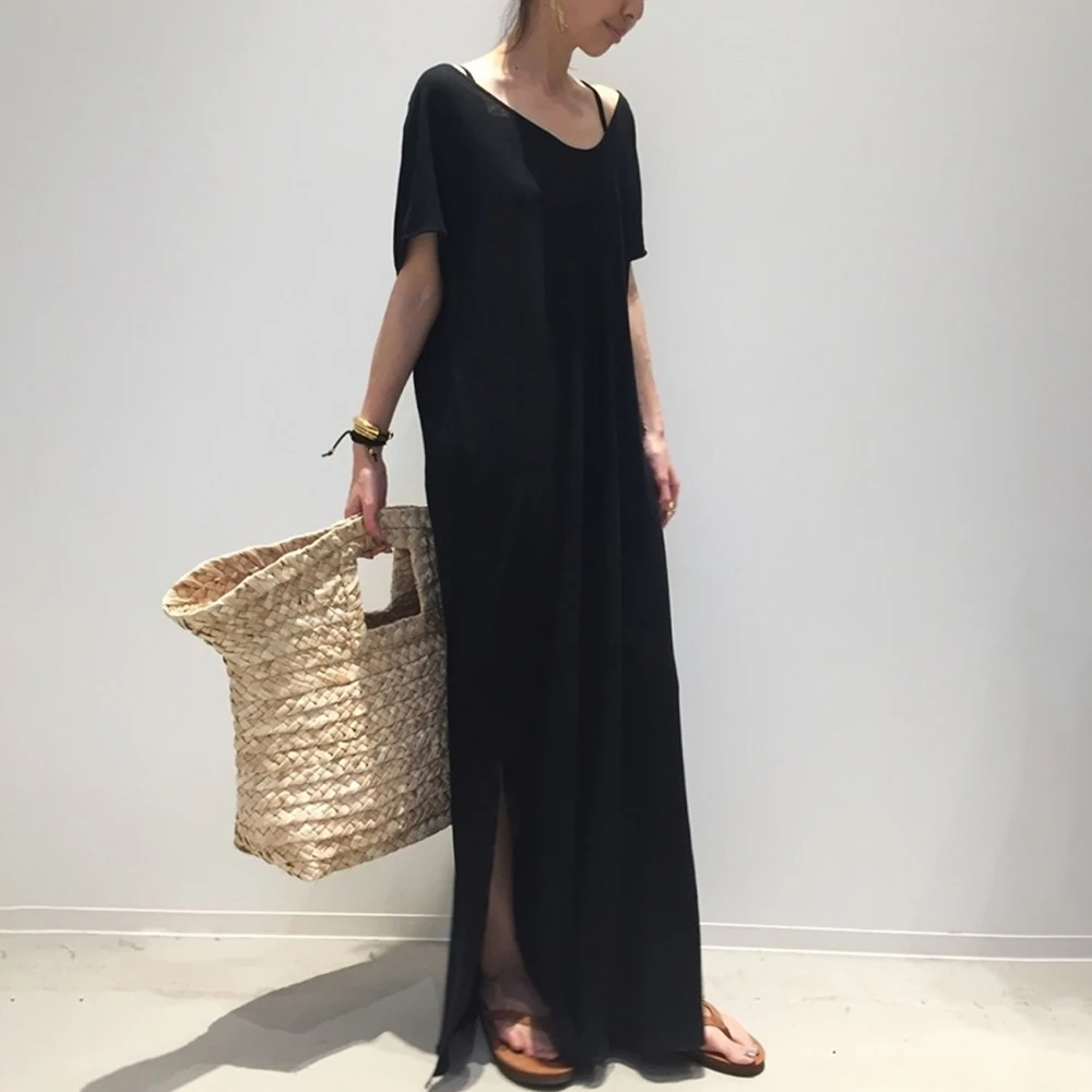 

Женское платье макси с коротким рукавом, простое длинное платье с V-образным вырезом в японском и корейском стиле с разрезом, лето 2022