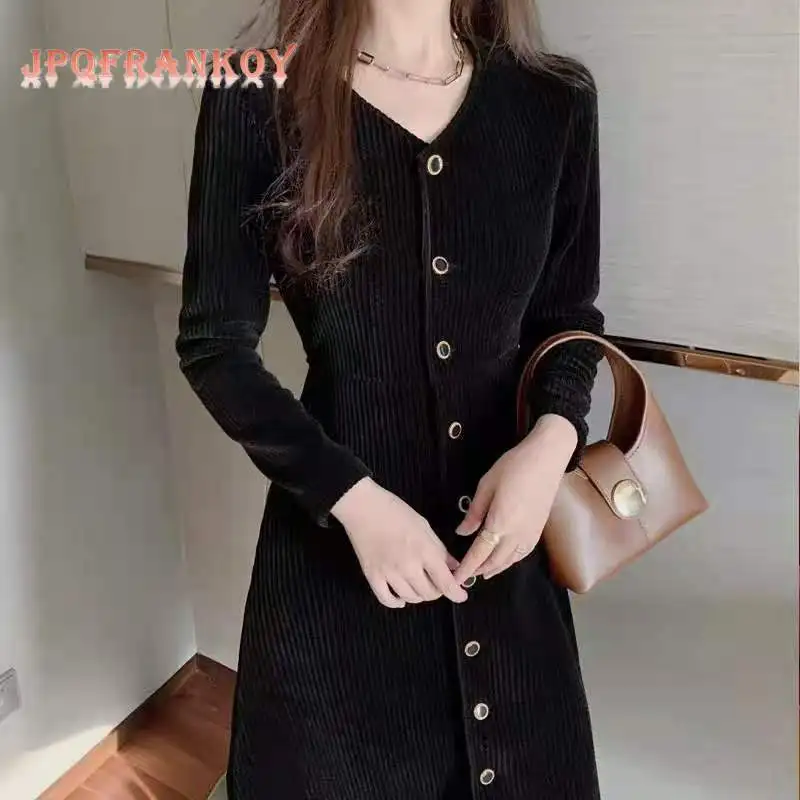 

Autumn and Winter Gentle Wind V-Neck Long Sleeve Slim Fit Medium Long Single Breasted A-line Black Corduroy Dress