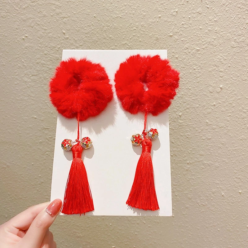 Girls Chinese Style Tassel Red Donut Scrunchies Hair Bands Bun Updo Ponytail Holder Gum DIY Hair Style Tool Hair Accessories images - 6