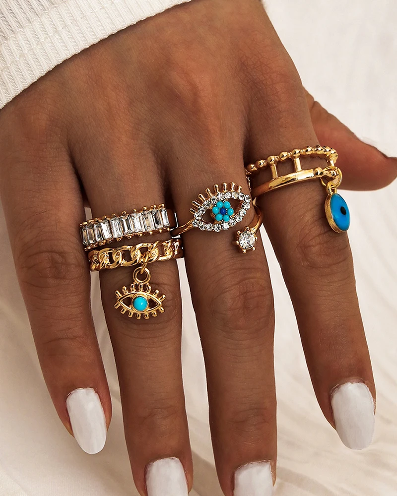 

4Pcs Set Lucky Turkish Blue Evil Eye Rings For Women Open Adjustable Ring 2022 Trend Wedding Band Couple Jewelry Gift Bijoux