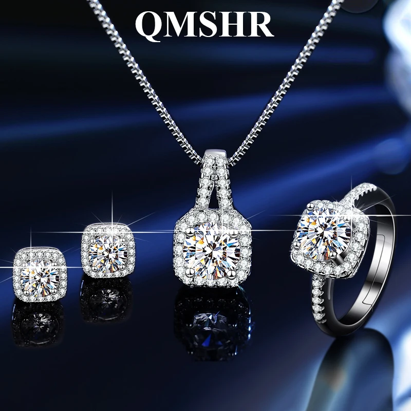 Фото Комплект украшений QMSHR 1CT: колье и серьги из настоящего муассанита, серебро 925 пробы, сертифицированный цвет D, чистота VVS1, роскошный свадебный подарок для женщин №1