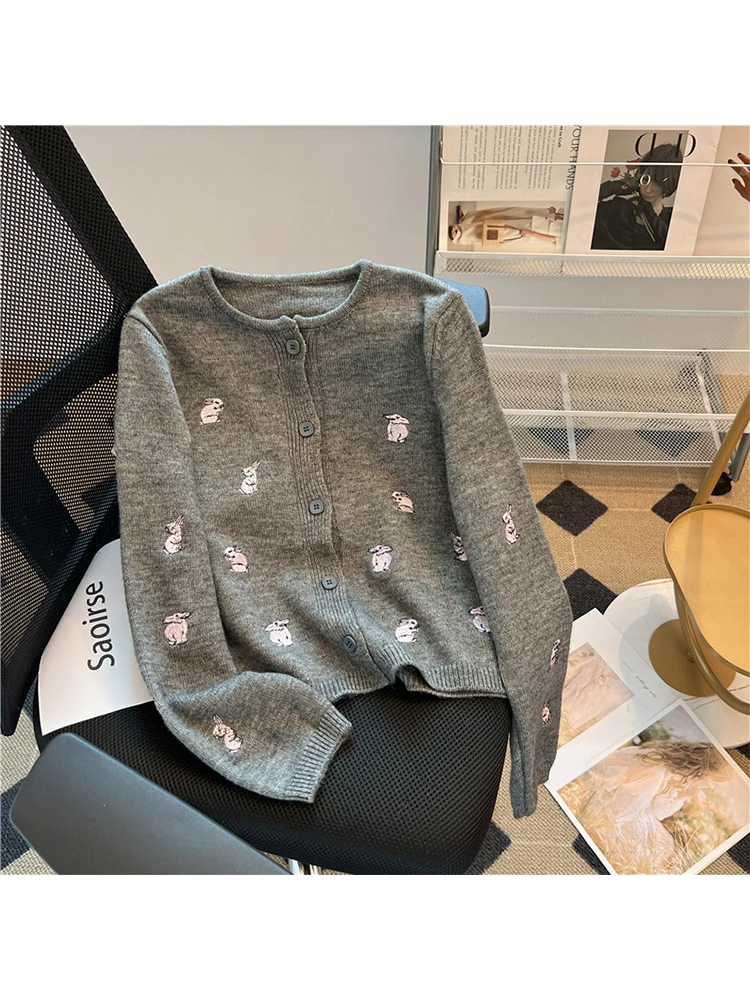 

Women Vintage Grey Cardigan Sweater Knitted Y2k 2000s Cute Rabbit Long Sleeve Korean Harajuku Kawaii Jumper Clothes Autumn 2023