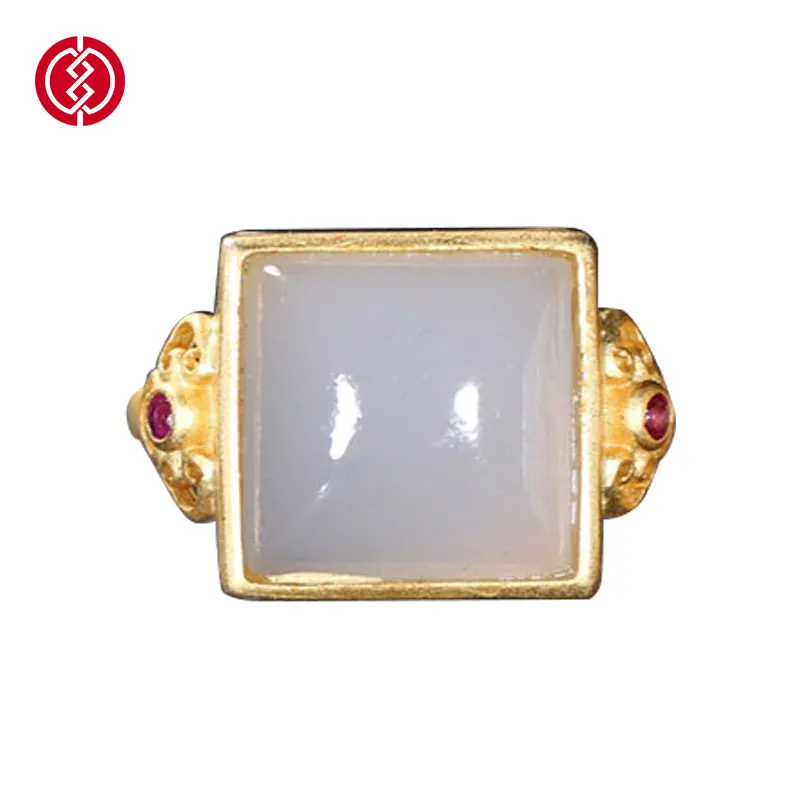 Natural Hotan Jade Stone and Gold Ring for Women