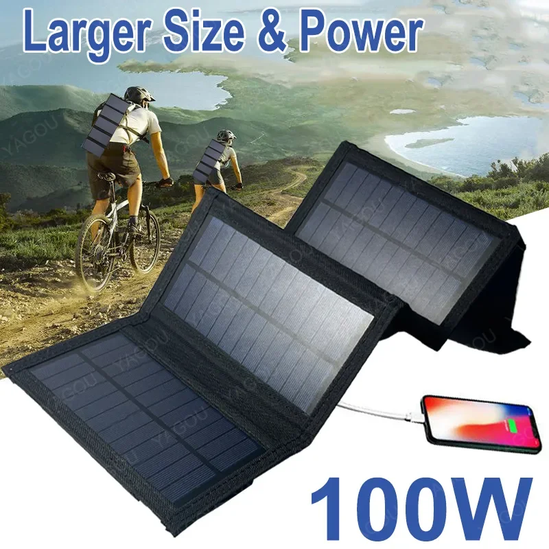 

100W PLUS складные панели солнечных батарей, водонепроницаемая портативная пластина для зарядки на открытом воздухе, для походов, рыбалки, кемпинга, новинка