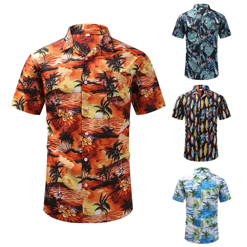 

Boys Summer Retro Floral Print Striped Flower Shirt Plus Size Men Short Sleeve Cuban Hawaiian Style Palm Tree Pattern Shirts Xxl