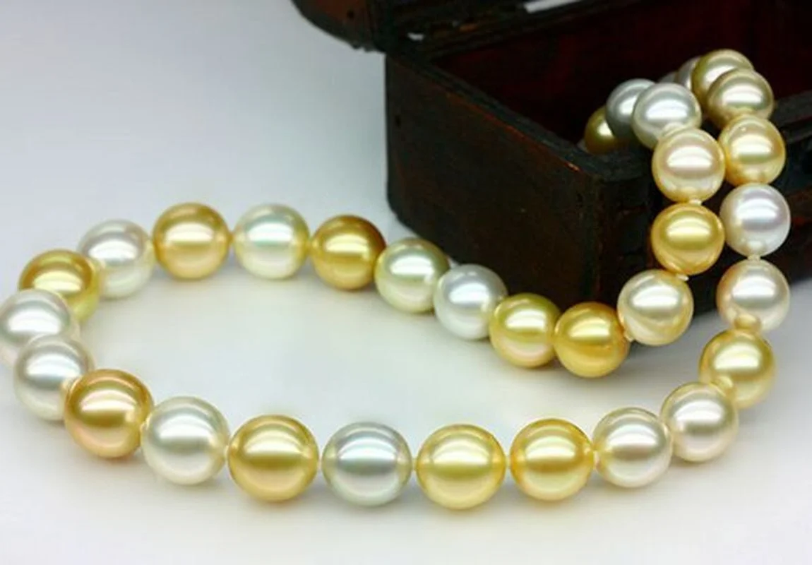 

Huge Charming 18"10-11mm Natural Sea Genuine White Golden Round Pearl Necklace For Women Jewely