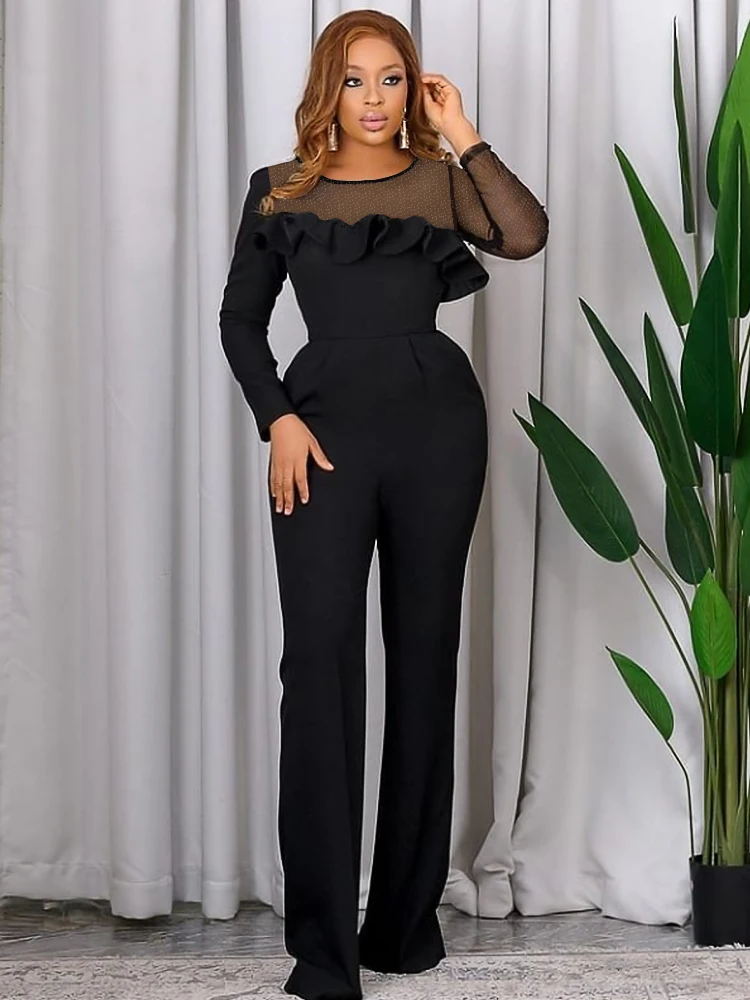 Black Jumpsuits Mesh Long Sleeve Ruffles Patchwork Wide Leg Pants Overalls High Waist Bodysuits for Women Evening Cocktail Party