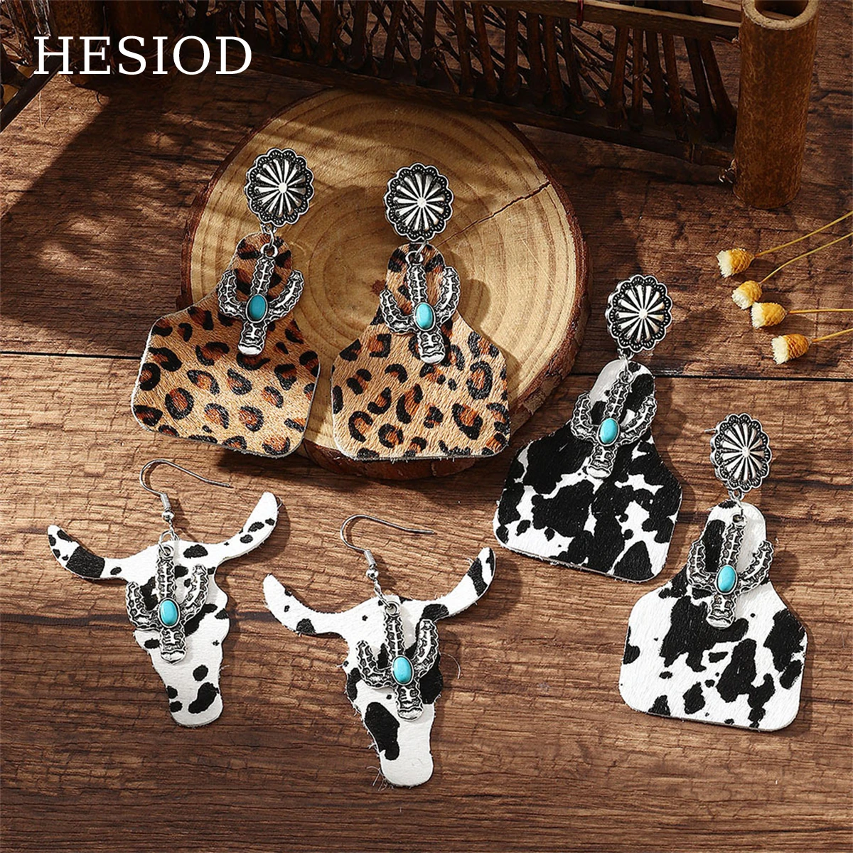 

New Vintage Cattle Head Cow/Leopard Pattern Cactus Pendant Hanging Dangle Earrings For Women Piercing Jewelry Accessories Gifts