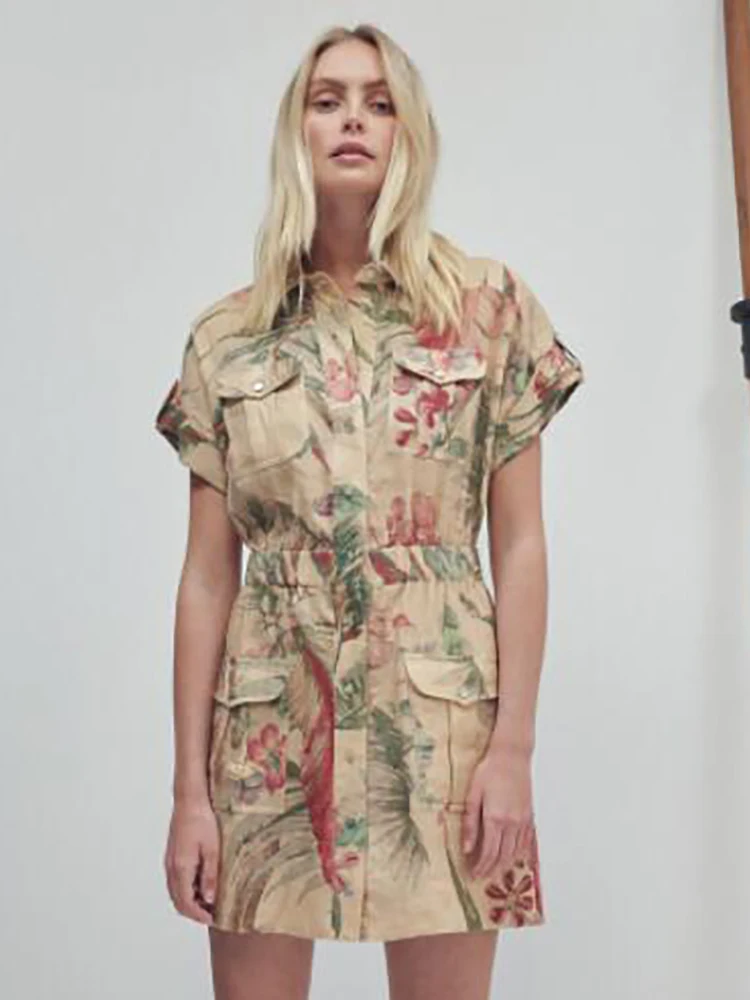 

High Quality Summer Holiday 2022 Vintage Floral Print Short Sleeve Elasticated Waist Mini Shirt Linen Dress Beach Provide label