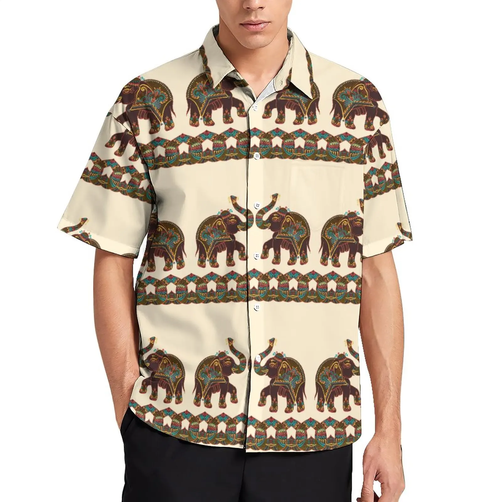 

Indian Elephant Casual Shirt Colorful Floral Print Beach Loose Shirt Hawaiian Harajuku Blouses Short-Sleeve Custom Oversize Tops