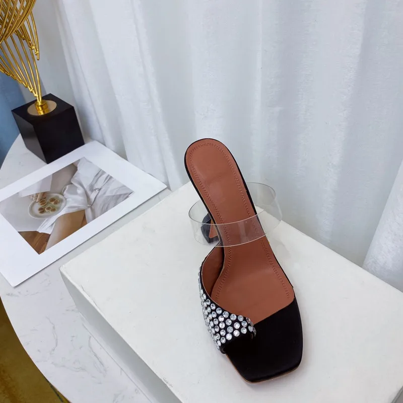 

2022 Ladies Summer High Heels Square Toe Rhinestone Sandals