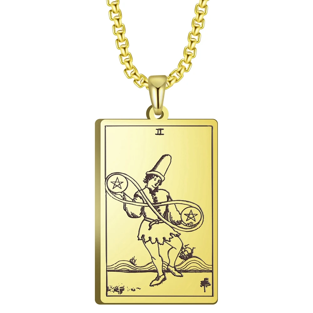 

3 Colors Black Color Gold Color Steel Color 24x40mm Tarot Two Of Pentacles Pendant Necklace With 60cm Box Chain
