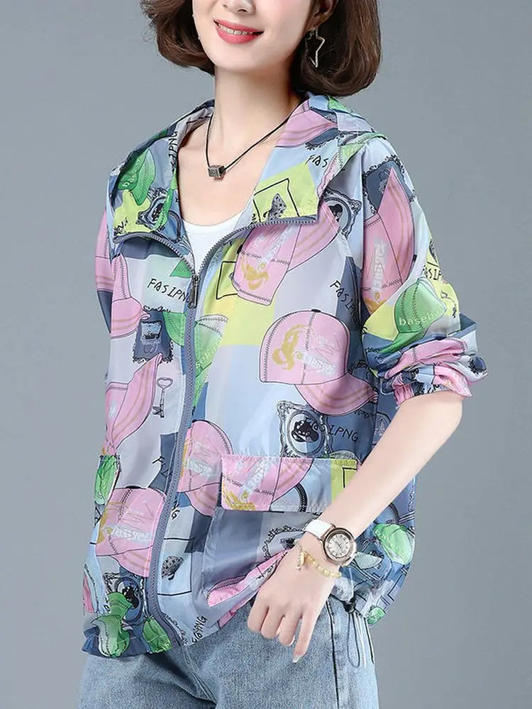 

Women Running Jacket Spring Summer Fashion Print Sun-Protective Jackets Quick Dry Rain Coat Female Outdoor Clothing