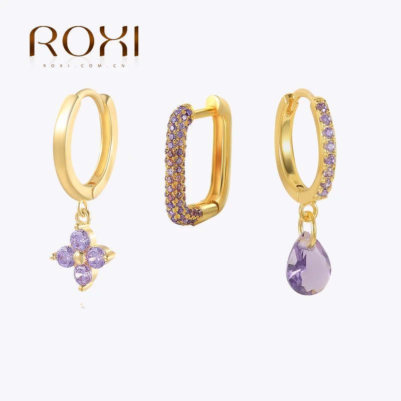 Женские серьги-гвоздики с фиолетовыми кристаллами циркония ROXI, летние серьги из серебра 925 пробы с геометрическим дизайном, 2021