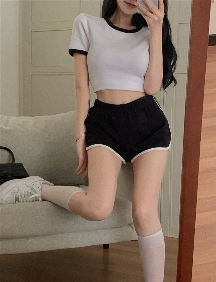 Pure Hot Girl Girly Style Sports Suit Female Summer Slimming Short-sleeved T-shirt + High Waist Bound Shorts Two-piece Set