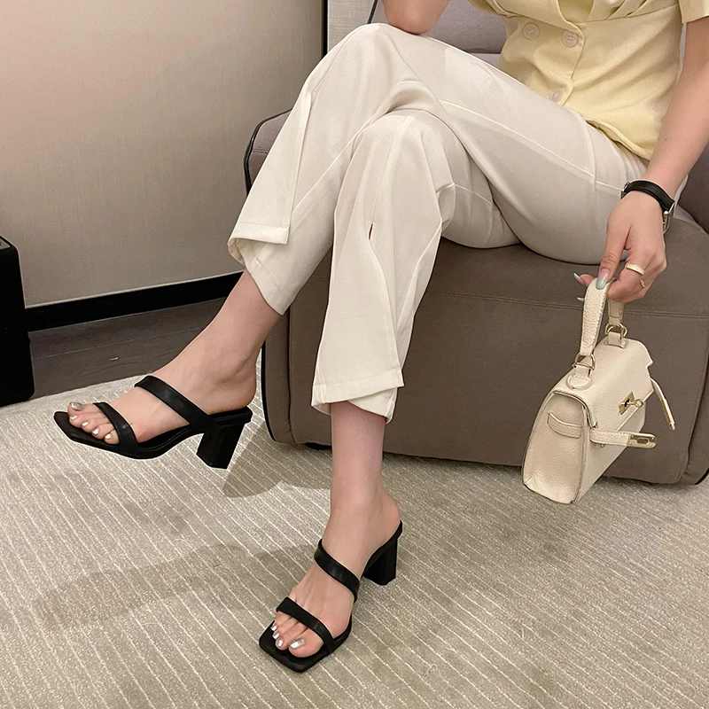 

Open Toe Women Slippers Narrow Band Black Beige White Summer Outside Slides Thick High Heels Party Pumps Size 35-40 Dress Slides