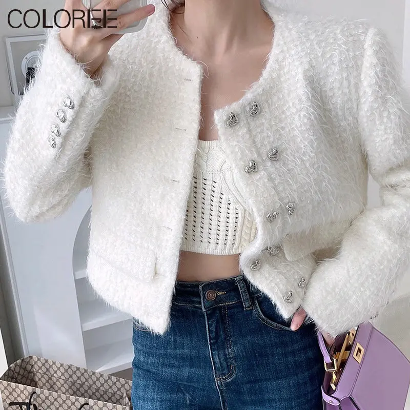 Korean Fashion Silver Heart Buttons Chaqueta Mujer 2022 Elegant O-neck White Tweed Jacket Designer Wool Blends Coat Female