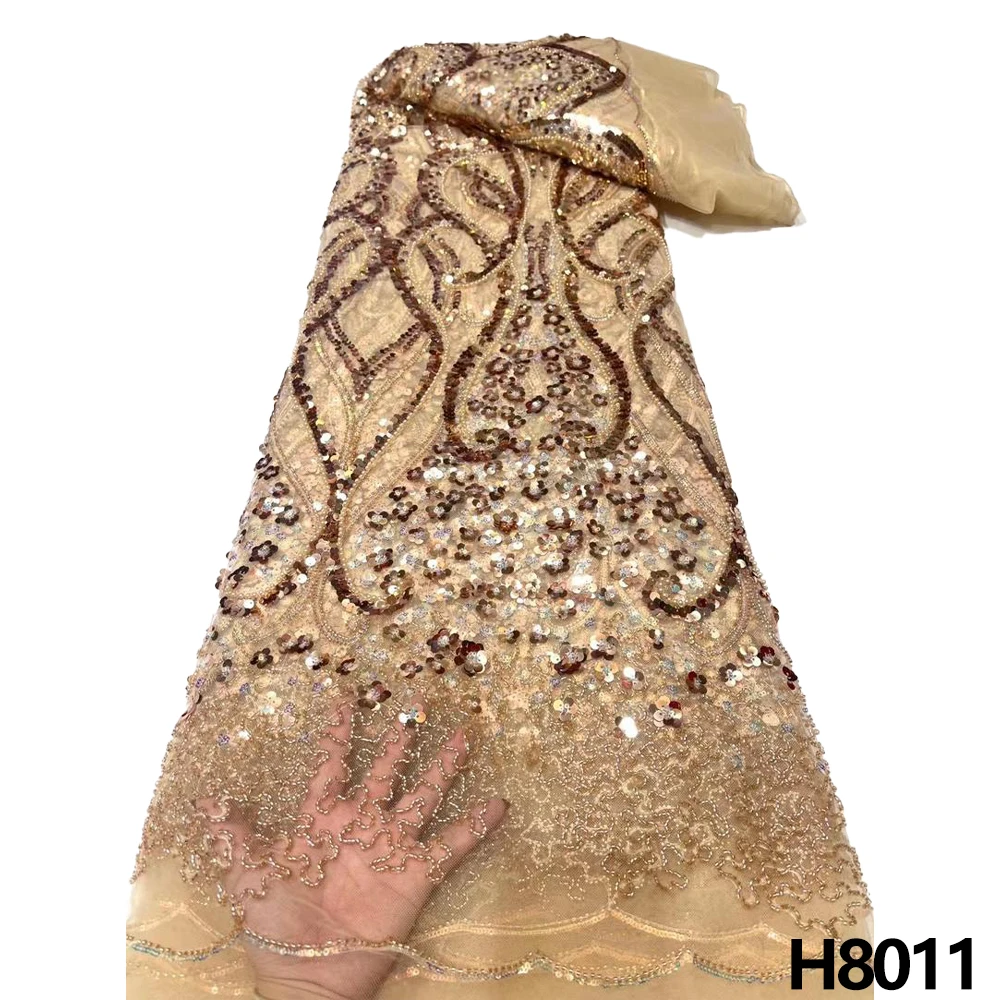 

African Lace Fabric Golden 5 Yards Sequins 2023 High Quality Nigerian Beaded Mesh Lace Material for Party Wedding Sewing