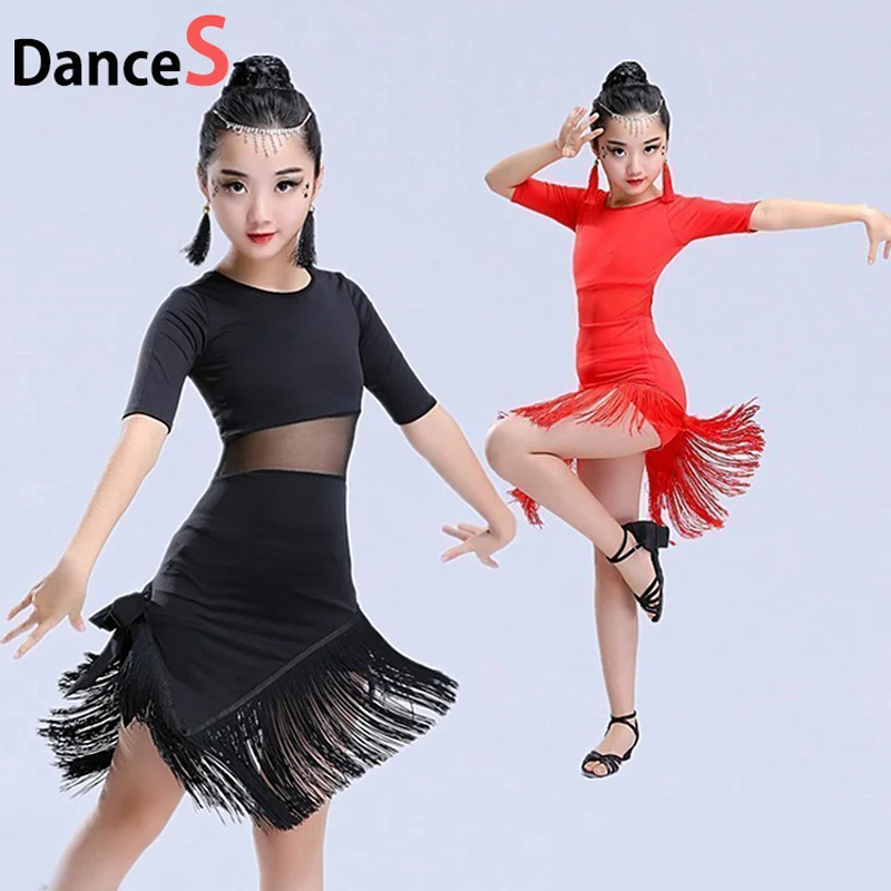 

Girls Mid Long Sleeve Lace Mesh Mordern Ballroom Dancing Dresses For Kids Sexy Salsa Tango Skirt Children Latin Dance Dress