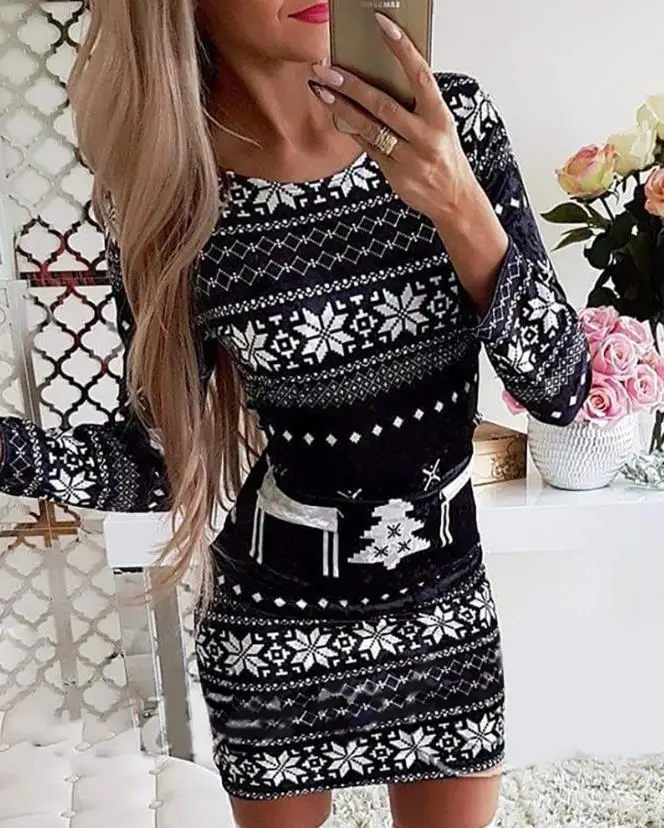 

Merry Christmas 2022 New Fashion Women's Dress Round Neck Slim Mixed Print Long Sleeve Mini Christmas Party Dress Vestido