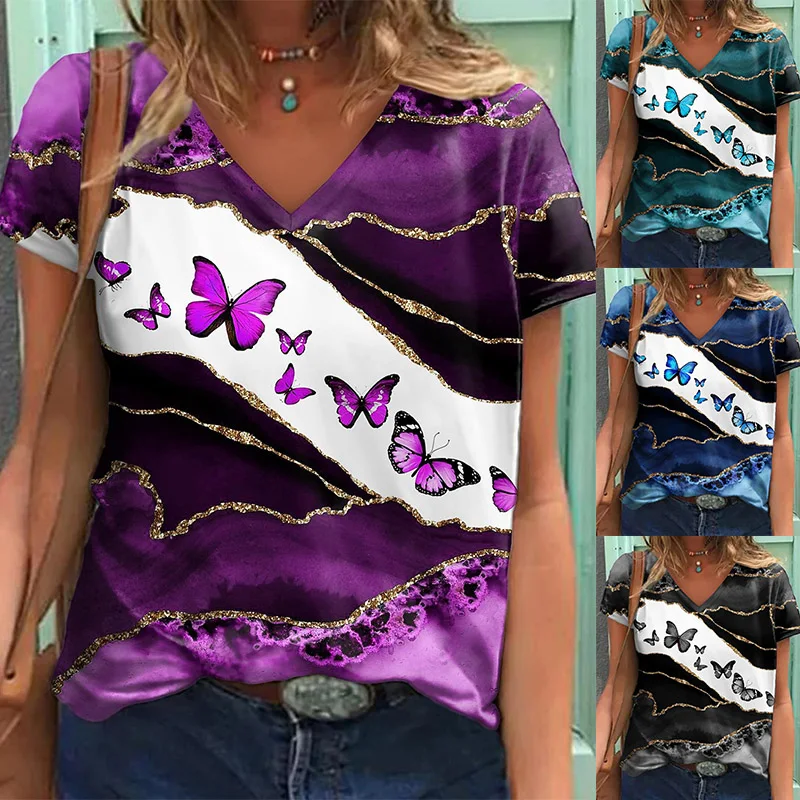 

2022 Summer Women's Casual Abstract Butterfly Floral Theme Print T Shirt Tee Female V Neck Loose Fashion Short Sleeve New Shirt