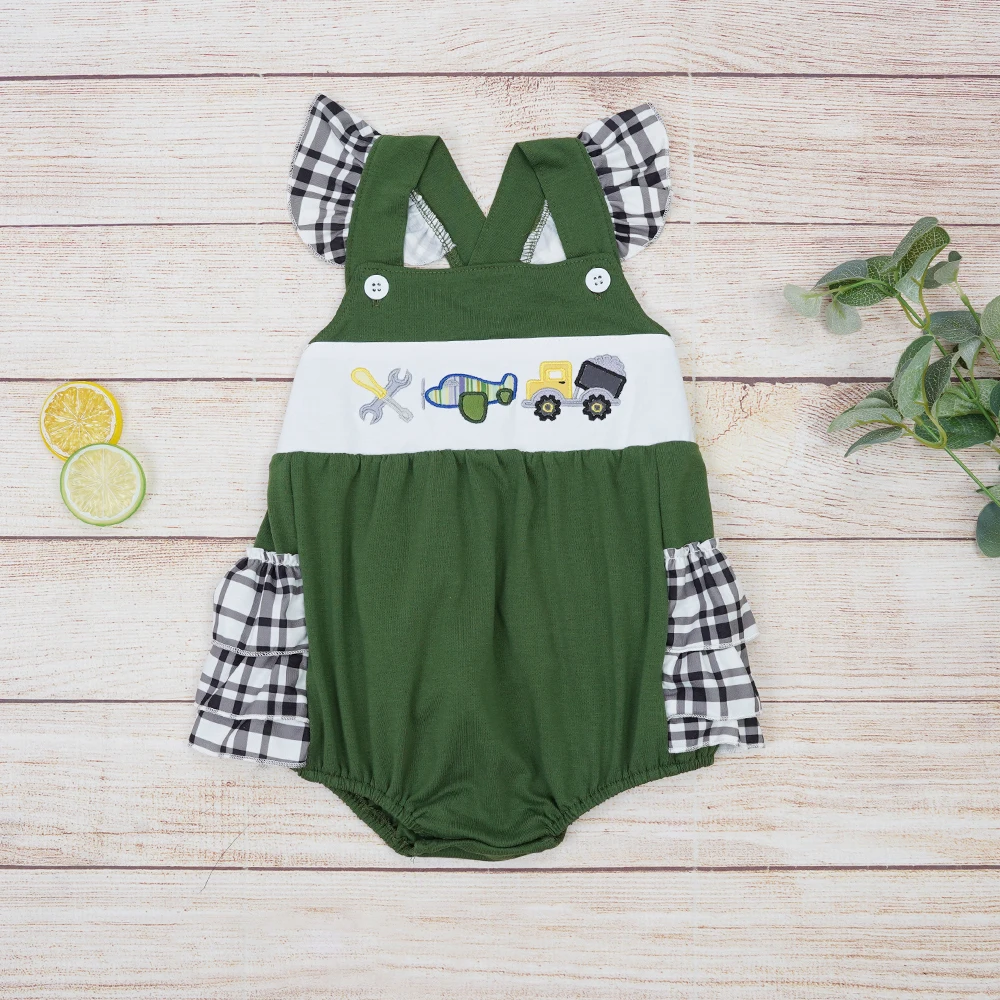 

0-3T Summer Gilrs Jumpsuit Clothes Sleeveless One-pieces Bodysuit With Cartoon Vehicle Pattern Embroidery Green Toddler Romper