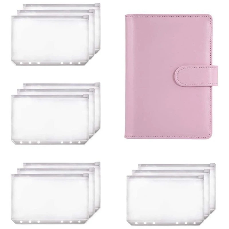 6X A6 Binder Planner Pink Notebook Binder And 72 Pieces 6 Hole Binder Zipper Folder,Binder Pockets Cash Envelope Wallet