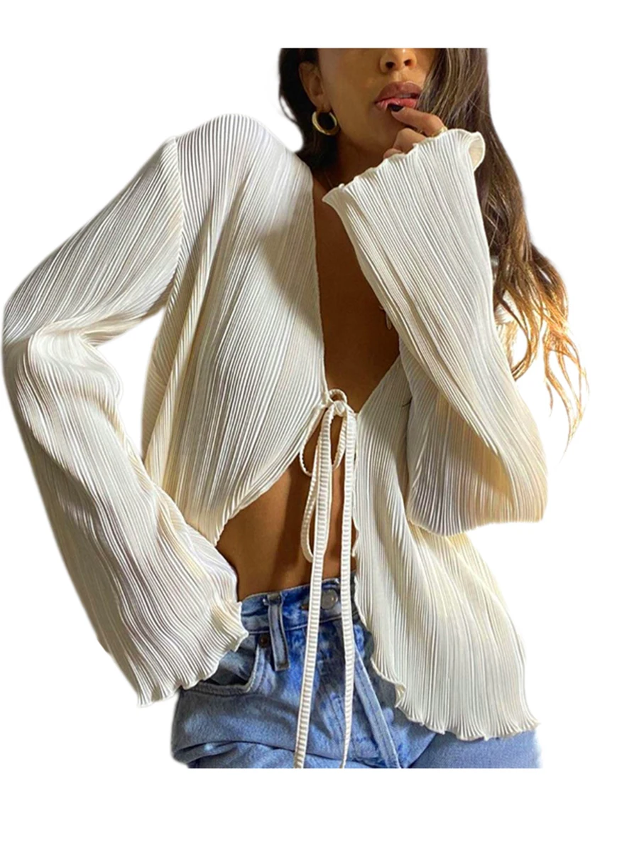 

Блузка женская с длинным рукавом, пикантная прозрачная рубашка с плиссировкой, на пуговицах, в винтажном стиле, уличная одежда