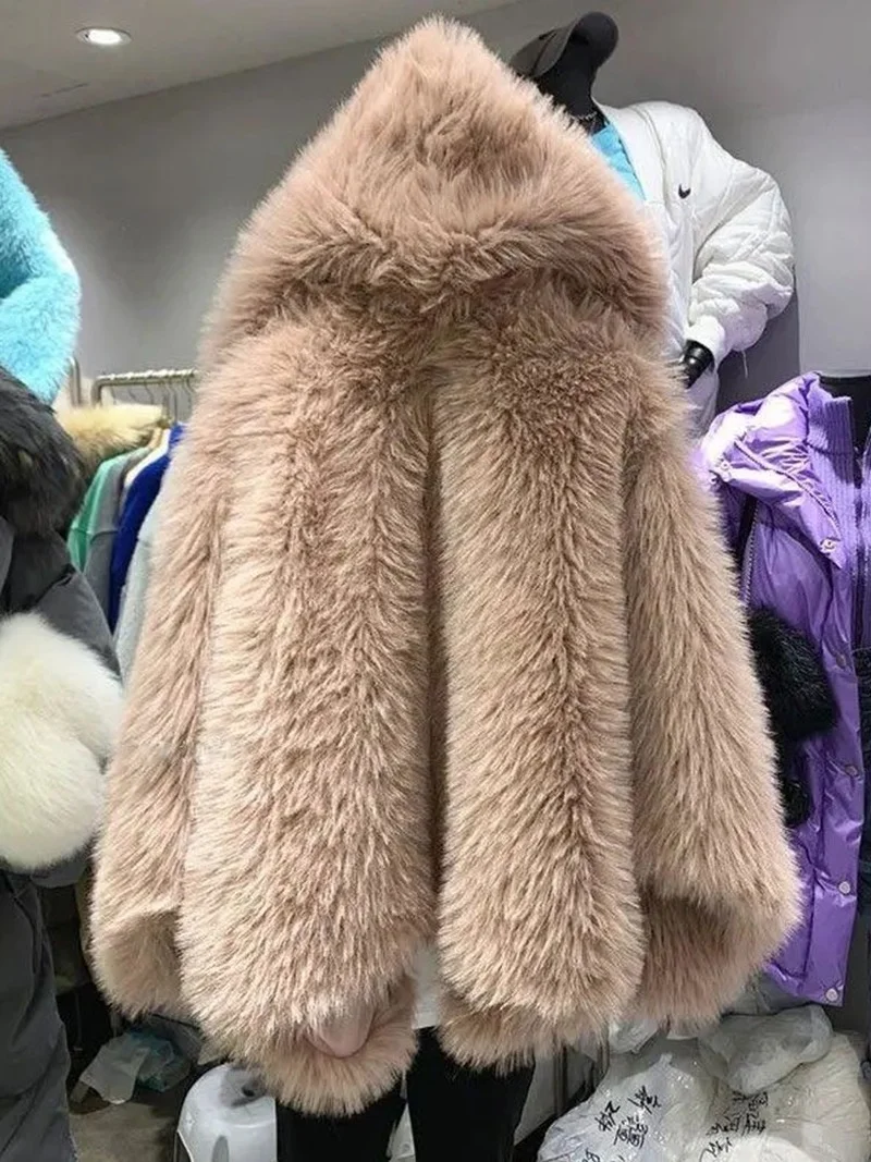 2021 Korean New Artificial Warm Thickening Overcoat Women's Autumn Hooded Mid-length Fur Jackets Tops Teddy Coats Female Winter