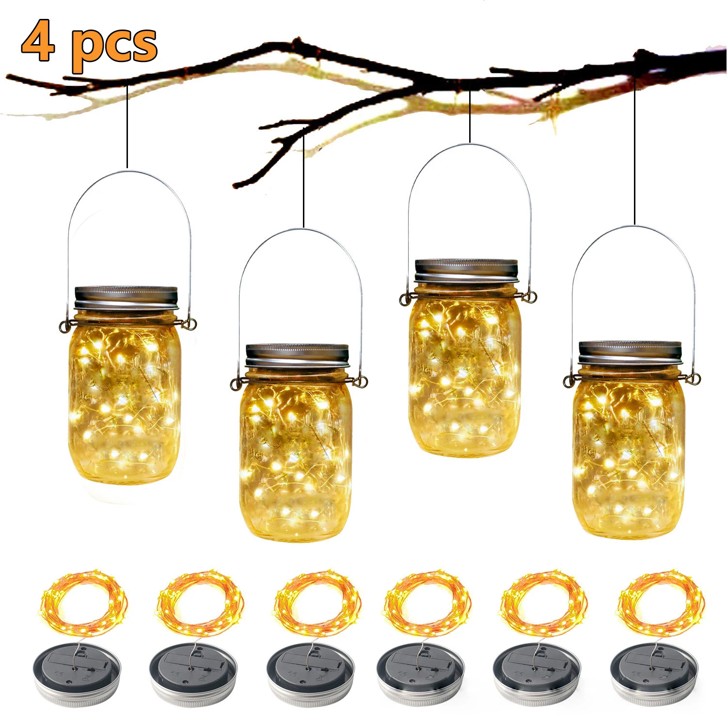 4x Solar Power Mason Jar Lid Lights LED Waterproof Fairy Light String Lights Garden Decor Christmas Lights Outdoor Wedding Decor