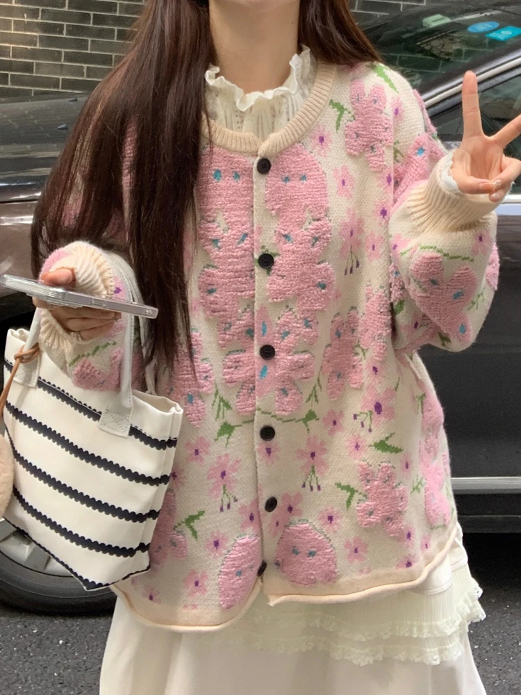 Вязаный свитер в Корейском стиле на зиму милые пуловеры с цветочным рисунком и