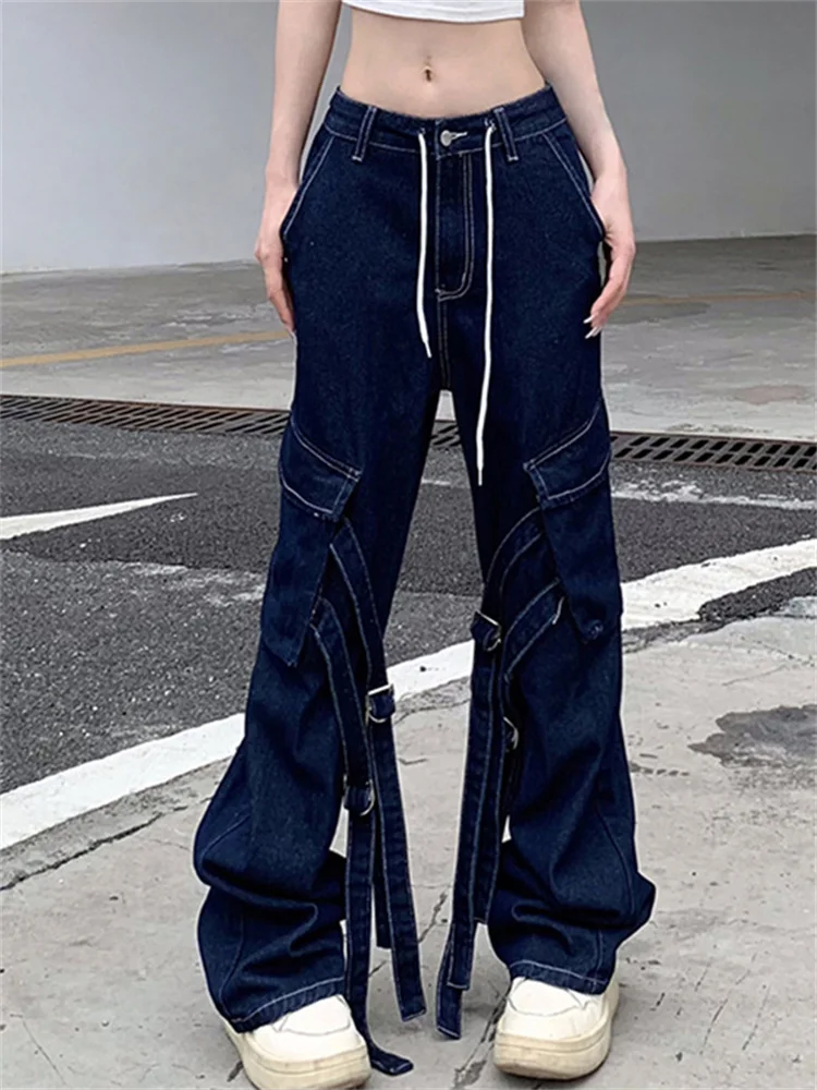 

Новинка 2023, уличная одежда, джинсы с лентами, женские повседневные мешковатые джинсовые брюки-карго с низкой посадкой, базовые джинсы в стиле панк, модные брюки в Корейском стиле Y2k
